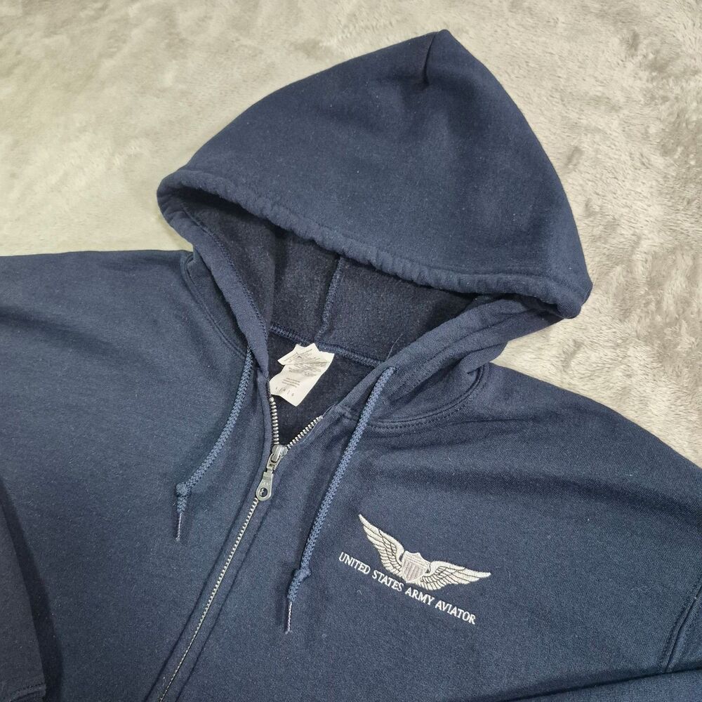 United States Army Aviator Hoodie Mens Large Blue Fleece Full Zip Embroidered